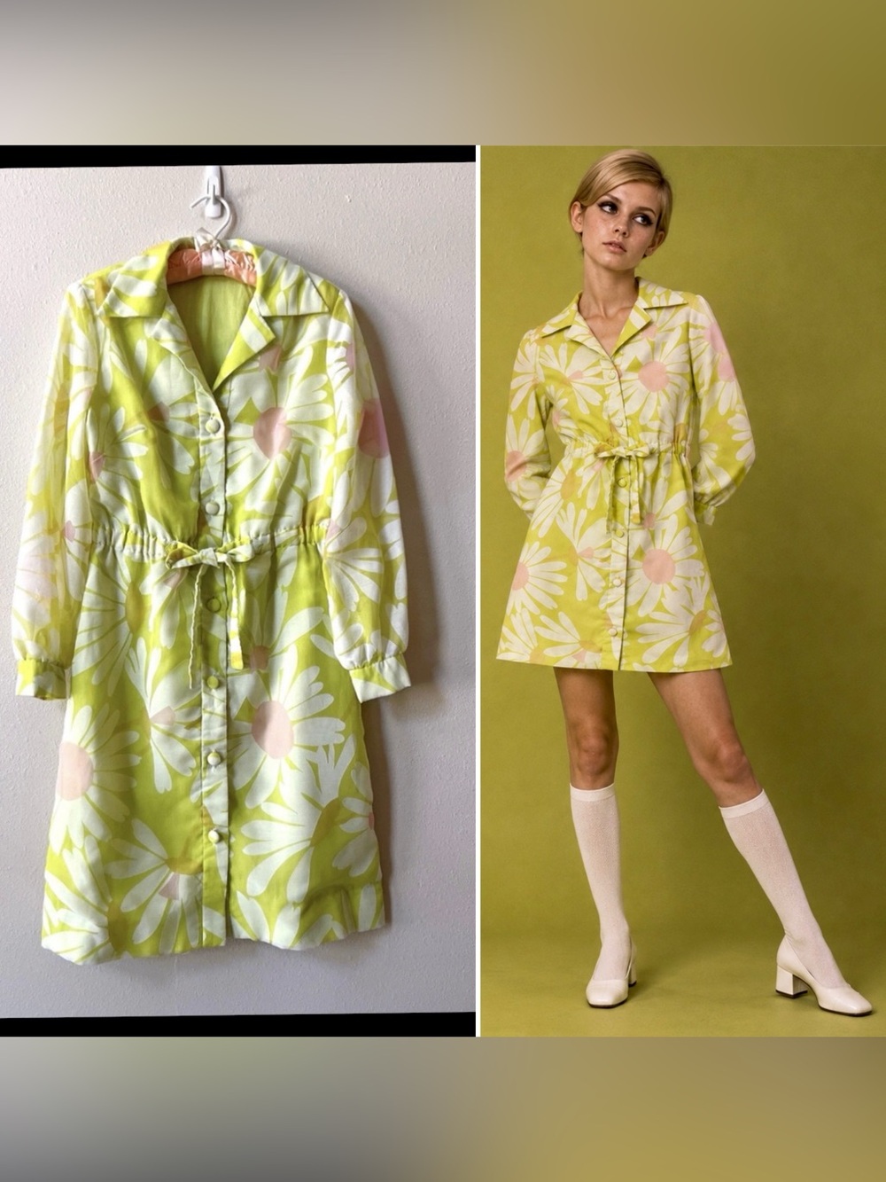 Vintage Gregg Daddy Draddy Daisy Print Shirt Dress Mod Green Psychedelic 60s 70s